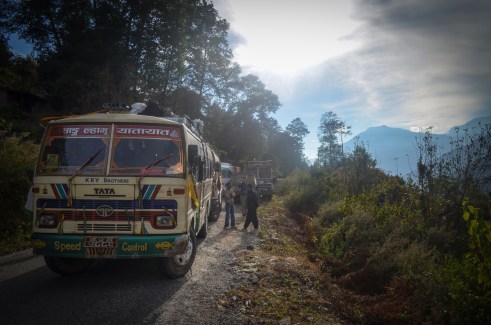 Waiting on a wide stretch of road for traffic to disperse ahead.